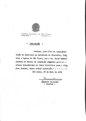 Declaração de exames prestados no Colégio Estadual de São Paulo para transferência de curso, 1958